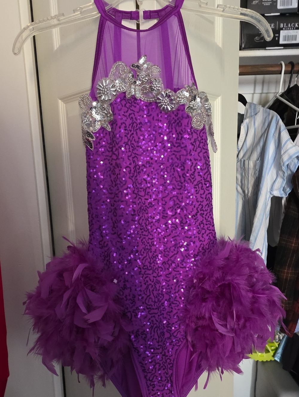 Weissman Purple Sequin Feather Halter Dance Costume with Silver Appliqué